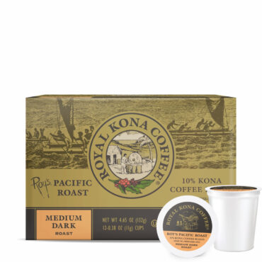 Royal Kona single serve coffee pod box and pods, Roy's Pacific Roast 10% Kona