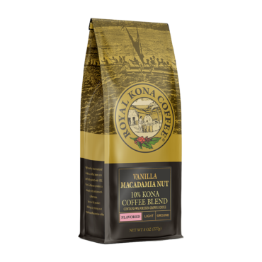Angled view of one eight ounce bag of Royal Kona Vanilla macadamia ten percent kona coffee, ground. Brown and gold bag